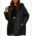 Femme noir capuche losange matelassée veste ample mi-longue manteau décontracté hiver - S / Noir