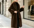 Women Long Brown Faux Fur Coat with Belt Winter Thickened Warm Elegant Fashion Outerwear - L / Coffee