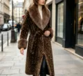 Leopard print faux fur long coat with large collar belt winter warm stylish women outerwear - L / Leopard Print