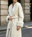 Women's faux fur long coat cream white winter warm stylish belted jacket with fluffy collar - L / White