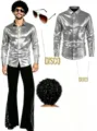 Mens 70s disco costume set retro metallic shirt pants wig sunglasses necklace party outfit - S / Top And Bottom (026) / Silver