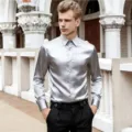 Men's silver satin long sleeve shirt detail view, featuring classic lapel and glossy fabric. - S / Light Gray