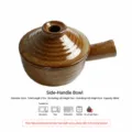 Japanische grobe Keramik-Seitenhenkelschüssel, braun glasierte Suppenschüssel mit Deckel. - Schüssel mit Deckel und Seitengriff