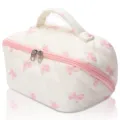 Quilted cosmetic bag with cute pink bow pattern, portable makeup storage pouch for women. - Pink Bow