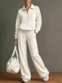 Casual sweatshirt met halve rits en wijde broek in stijlvolle gebroken witte kleurset. - S / Top en Broek / Wit