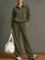 Set casual autunno inverno felpa con mezza zip e pantaloni larghi di stile dettagli. - Verde militare