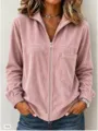 Women pink corduroy zip up jacket casual autumn long sleeve outerwear with chest pocket - Pink