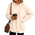 Vista dettagliata felpa con cappuccio donna manica lunga casual con design stratificato. - Albicocca con Costine Bianche