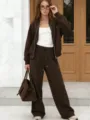 Women brown casual zip up hoodie and wide leg sweatpants tracksuit set for autumn fashion. - XS / Top And Bottom / Brown