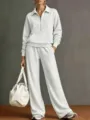 Wit dames tweedelig setje met halve rits sweater en comfortabele losse wijde pijpen broek. - S / Top en Broek / Lichtgrijs