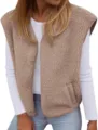 Women's autumn winter sherpa fleece vest casual sleeveless button up pocket outerwear top - Khaki
