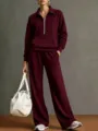 Felpa bordeaux con mezza zip e pantaloni ampi, vista dettagliata, abbigliamento casual. - Borgogna