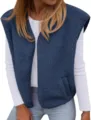 Detailed close-up view of the cozy sherpa fleece vest with sleeveless V-neck texture. - S / Tops / Navy Blue