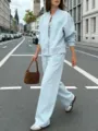 Light blue casual zip sweatshirt and wide leg pants set street style detail view comfortable wear - XS / Top And Bottom / Sky Blue