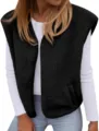 Black sherpa fleece vest detail view, soft sleeveless V-neck winter casual outerwear top. - S / Tops / Black