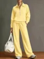 Completo felpa casual con mezza zip collo risvolto e pantaloni larghi autunno inverno - Giallo