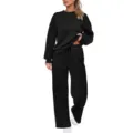 Dames effen zwarte gebreide tweedelige set met lange mouwen sweatshirt en wijde broek - S / Top en Broek / Zwart