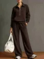 Tuta da Donna Marrone con Felpa Mezza Zip e Pantaloni Larga Completo Casual Autunnale - Marrone scuro