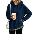 Donna felpa con cappuccio casual larga manica lunga con fondo a quadri elegante. - Griglia Blu Notte