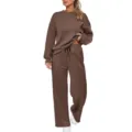 Women brown long sleeve sweatshirt and wide leg pants lounge set casual two piece outfit - Coffee