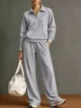 Donna felpa grigia mezza zip e pantaloni larghi tuta set outfit vista principale - Grigio