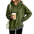Felpa con cappuccio ampia e casual da donna, maniche lunghe con fondo a quadri elegante. - Griglia Verde Militare