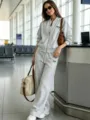 Casual women's autumn winter tracksuit set with zip-up hoodie and wide leg sweatpants grey - XS / Top And Bottom / Mixed Grey