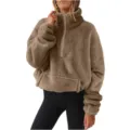 Dames Winter Warme Pluche Fleece Trui Halve Rits Opstaande Kraag Khaki Variant - S / Tops / Karamel
