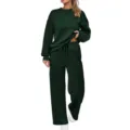 Stylish women solid color long sleeve sweatshirt and wide leg pants knit tracksuit set. - Dark Green
