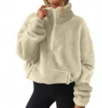 Women casual fleece half zip stand collar sweatshirt cozy fluffy pullover winter top - S / Tops / Beige