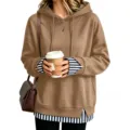 Donna felpa con cappuccio larga casual manica lunga finto due pezzi a righe maglia top. - Righe Cachi
