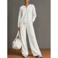 Dames V-hals lange mouw sweatshirt en wijde broek casual tweedelig outfit wit - S / Top en Broek / Lichtgrijs