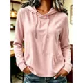 Roze dames casual hoodie met lange mouwen, zakken en trekkoord voor de herfstmode. - S / Tops / Roze