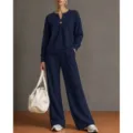 Blauwe casual tweedelig set met V-hals lang mouw top en wijde broek voor dames variant. - S / Top en Broek / Marineblauw