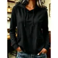 Dames hoodie met lange mouwen en trekkoord effen kleur casual herfst winter topjes - S / Tops / Zwart