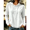 Dames Casual Effen Wit Hoodie Met Lange Mouwen Trekkoord Pullover en Twee Zakken Top - S / Tops / Wit