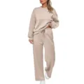 Detailed view of casual knit two-piece set featuring long sleeve sweatshirt and pants. - Khaki