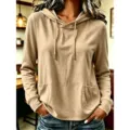 Solid khaki long sleeve hooded drawstring sweatshirt with front pockets for casual everyday wear. - S / Tops / Khaki