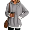 Dames casual losse hoodie met lange mouwen en contragestikte boorden hoofdafbeelding - S / Tops / Grijs met Witte Rib