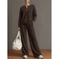 Casual brown V-neck long sleeve top and wide leg pants loungewear two-piece set for women. - Dark Brown