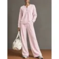 Pink V-neck long sleeve sweatshirt and wide leg pants casual two piece set for women. - Pink