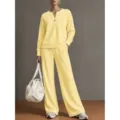 Yellow two-piece lounge set with V-neck long sleeve sweatshirt and wide leg pants. - Yellow