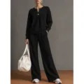 Women's Black V-Neck Long Sleeve Sweatshirt and Wide Leg Pants Casual Two-Piece Set er - Black