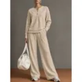 Casual beige V-neck long sleeve sweatshirt and wide leg pants loungewear set variant. - Khaki