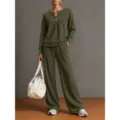 Olive green casual women V-neck long sleeve sweatshirt and wide leg pants two-piece outfit. - Army Green