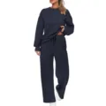 Women's two-piece knit lounge set long sleeve sweatshirt and wide leg pants casual outfit - Navy Blue