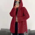 Red fleece hooded winter coat for women, casual long sleeve button up fuzzy outerwear. - Red