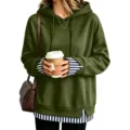 Felpa con Cappuccio Casual Donna Verde A Righe Finto Due Pezzi Top a Maniche Lunghe - A Righe Verde Militare