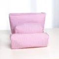 Pink stripe cosmetic bag set, portable zipper storage pouch for travel toiletries makeup. - Red Pleated Cosmetic Bag Set (Large, Medium, Small)