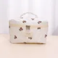 Quilted cosmetic bag with cute bear pattern, large capacity travel toiletry pouch detail. - L / Cream Polka Dot Bear (Large)